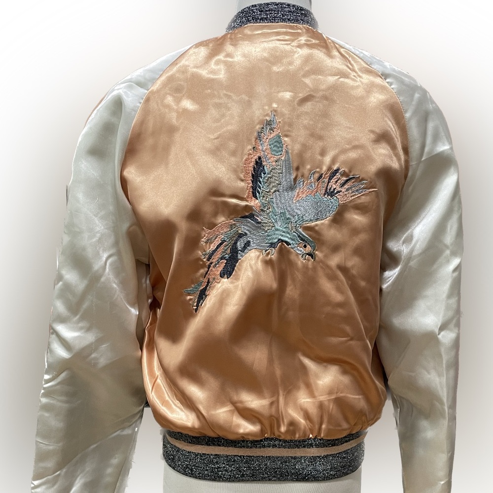 Noisy May Satin Peach and Ivory Bomber Jacket with Embroidered Bird